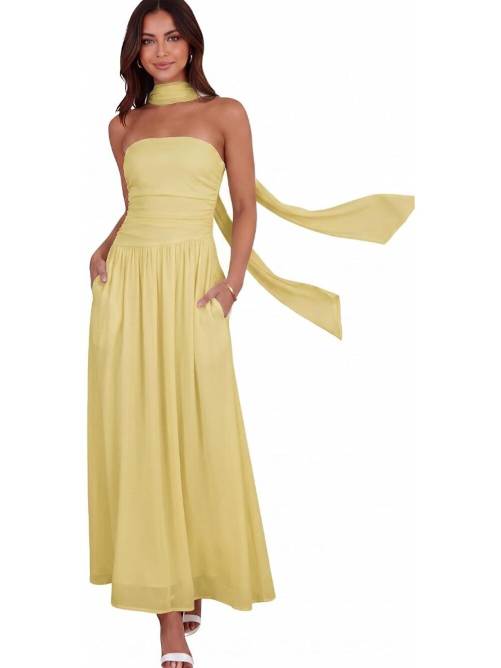Women's Yellow Strapless Ruched Elastic Waist Side Pocket Wedding Maxi Dresses